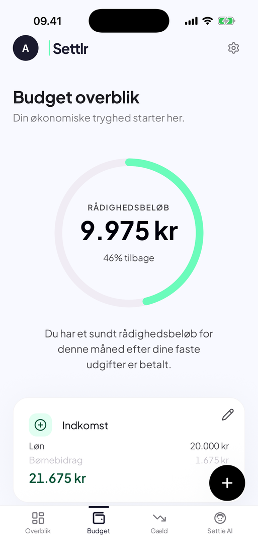 Budget-skærmen med rådighedsbeløb vist som en ring.