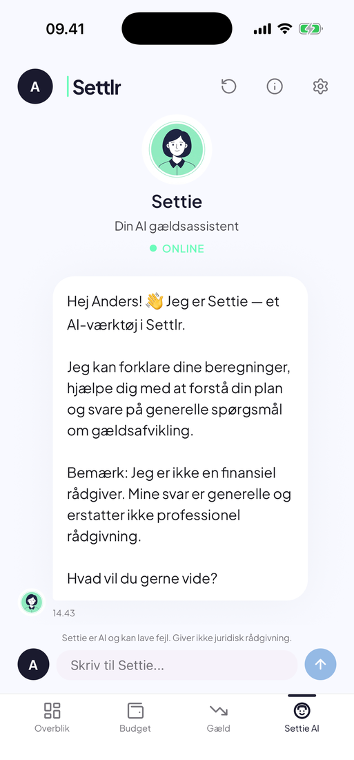 Settie AI-chatten der forklarer din gæld på dansk.