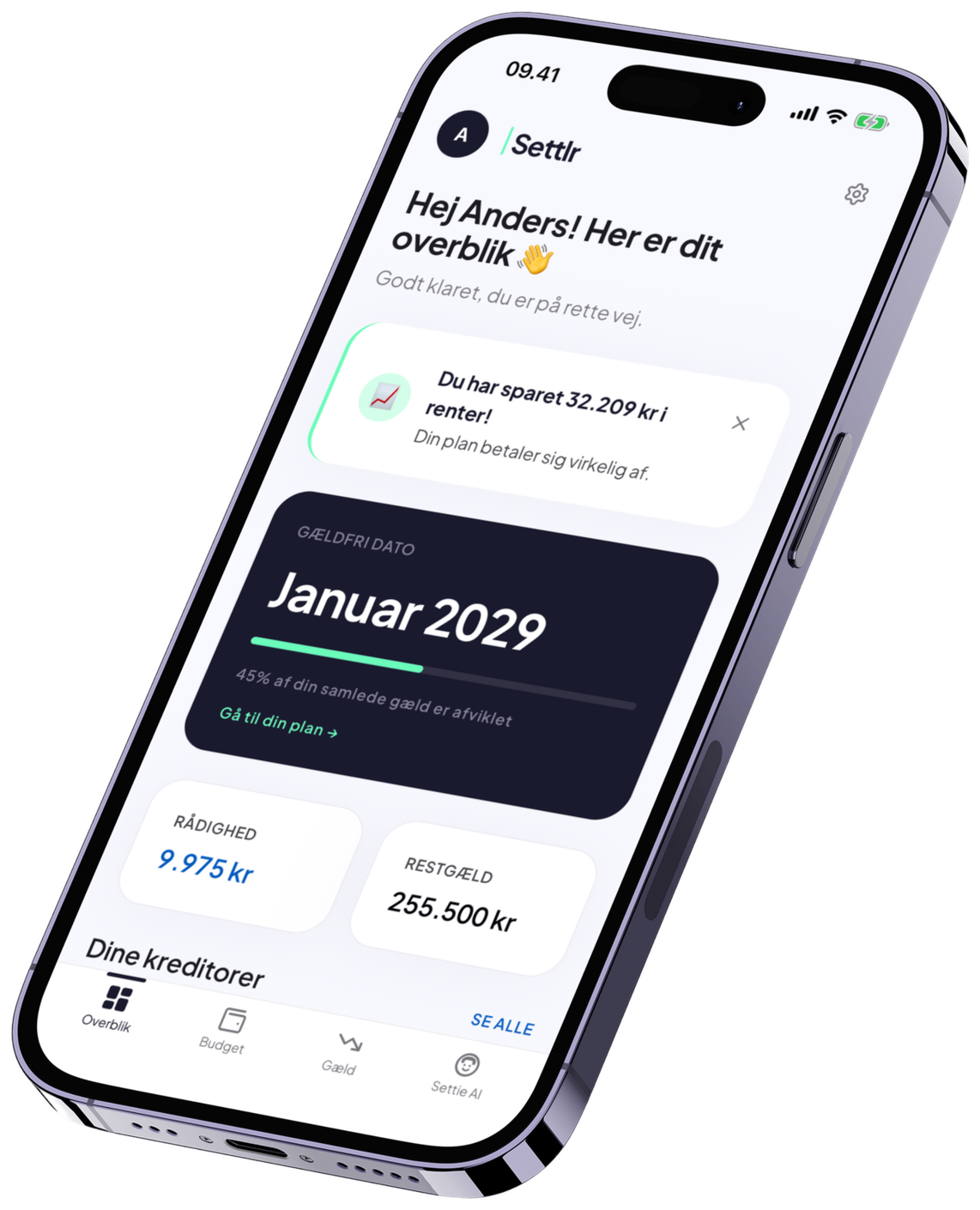 Settlr-overblik på iPhone: gældfri dato januar 2029, 45 % af gælden afviklet, rådighed 9.975 kr. og restgæld 255.500 kr.